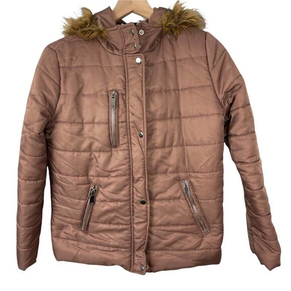 Forever21 Puffer Coat Jacket Hood Rose Gold Pink Faux Fur Zip Pockets Size S - Picture 1 of 9